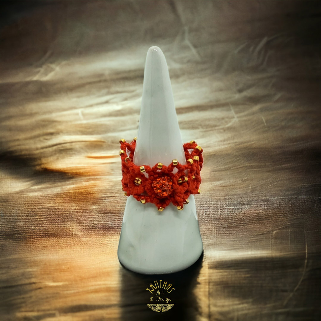 Ring Janna, rot m. Strass-besetzter Perle und Rocailles, Variante 2
